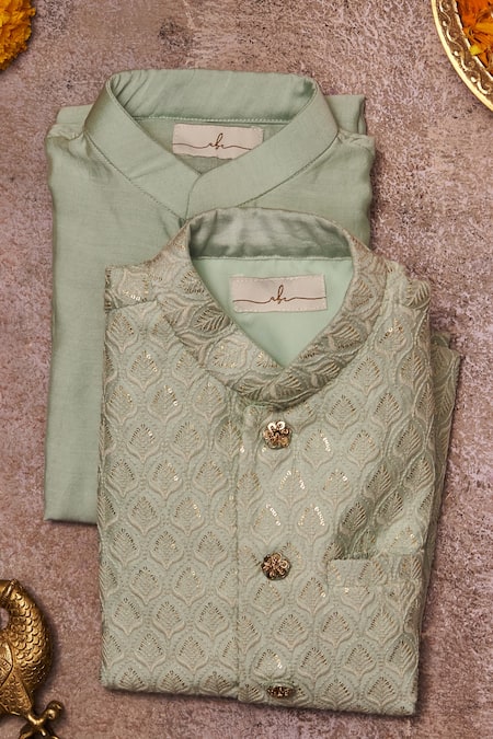 Shop All Boy Couture Blue Chanderi, Cotton Satin, Cotton, Silk Sequins, Embroidery Jacket And Kurta Set at Aza Fashions Shop_All Boy Couture_Blue Chanderi, Cotton Satin, Cotton, Silk Sequins, Embroidery Jacket And Kurta Set _at_Aza_Fashions
