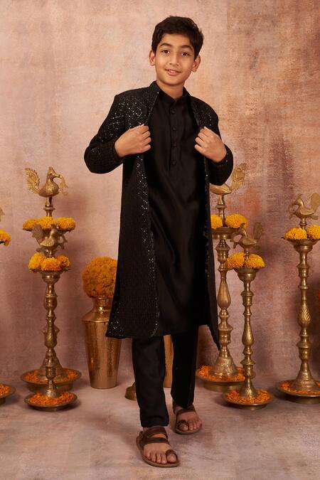 Shop All Boy Couture Black Cotton, Silk Sequins Embroidered Achkan Set at Aza Fashions Shop_All Boy Couture_Black Cotton, Silk Sequins Embroidered Achkan Set _at_Aza_Fashions