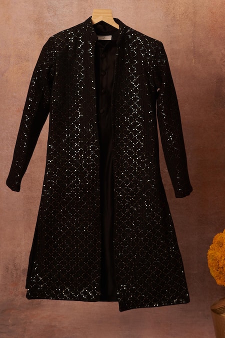 All Boy Couture Black Cotton, Silk Sequins Embroidered Achkan Set Online at Aza Fashions All Boy Couture_Black Cotton, Silk Sequins Embroidered Achkan Set _Online_at_Aza_Fashions