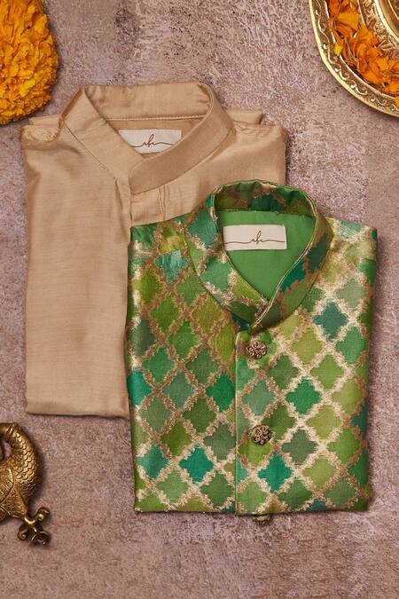Shop All Boy Couture Green Chanderi, , Satin Sequins Geometric Bundi Kurta Set at Aza Fashions Shop_All Boy Couture_Green Chanderi, , Satin Sequins Geometric Bundi Kurta Set _at_Aza_Fashions