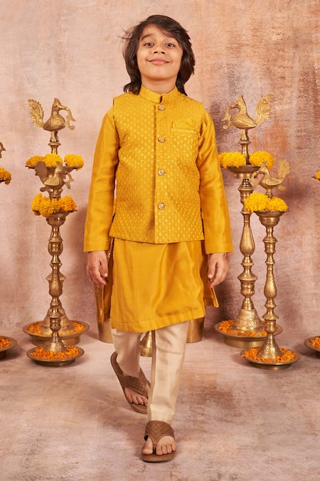 Red Patola Print Nehru Jacket With Yellow Printed kurta & Cream Viscose  Pant Set - Absolutely Desi