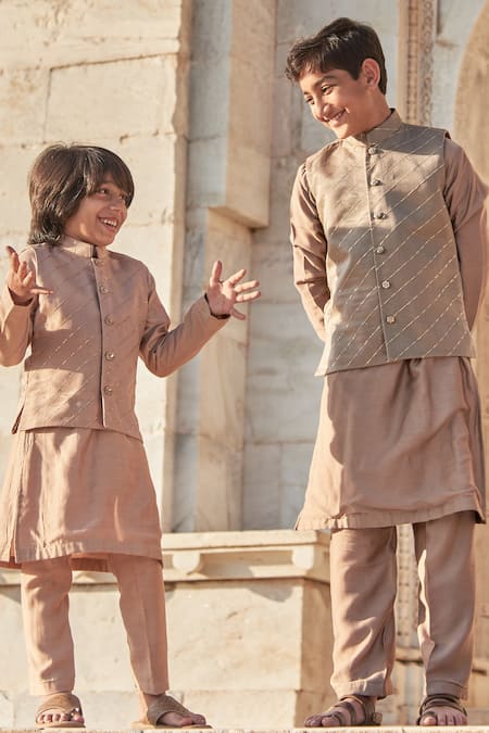 All Boy Couture Grey Organza, Cotton, Silk Sequins, Zari Bundi Kurta Set 