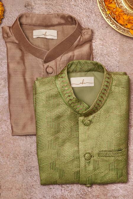 Shop All Boy Couture Green Chanderi, Cotton Satin, Cotton, Silk Embroidery Kurta Set at Aza Fashions Shop_All Boy Couture_Green Chanderi, Cotton Satin, Cotton, Silk Embroidery Kurta Set _at_Aza_Fashions