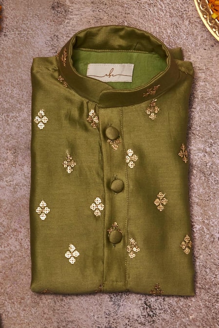 Shop_All Boy Couture_Green Chanderi Sequins, Embroidery Floral Motif Kurta Set_at_Aza_Fashions