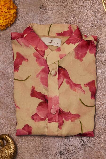 Buy_All Boy Couture_Beige Georgette Floral Printed Kurta With Pyjama_Online_at_Aza_Fashions