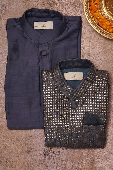 Shop All Boy Couture Blue Cotton, Silk Sequins, Embroidery Nehru Jacket Kurta Set at Aza Fashions Shop_All Boy Couture_Blue Cotton, Silk Sequins, Embroidery Nehru Jacket Kurta Set _at_Aza_Fashions