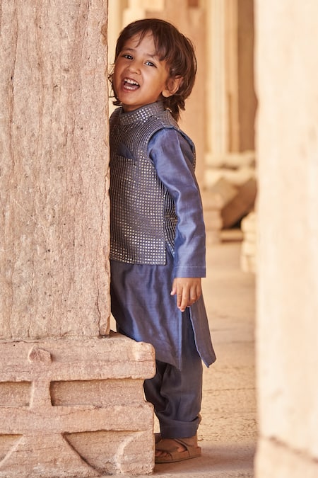 All Boy Couture Blue Cotton, Silk Sequins, Embroidery Nehru Jacket Kurta Set Online at Aza Fashions All Boy Couture_Blue Cotton, Silk Sequins, Embroidery Nehru Jacket Kurta Set _Online_at_Aza_Fashions