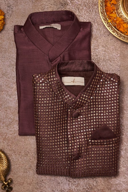 All Boy Couture Maroon Cotton, Silk Sequins, Embroidery Bundi Kurta Set Online at Aza Fashions All Boy Couture_Maroon Cotton, Silk Sequins, Embroidery Bundi Kurta Set _Online_at_Aza_Fashions