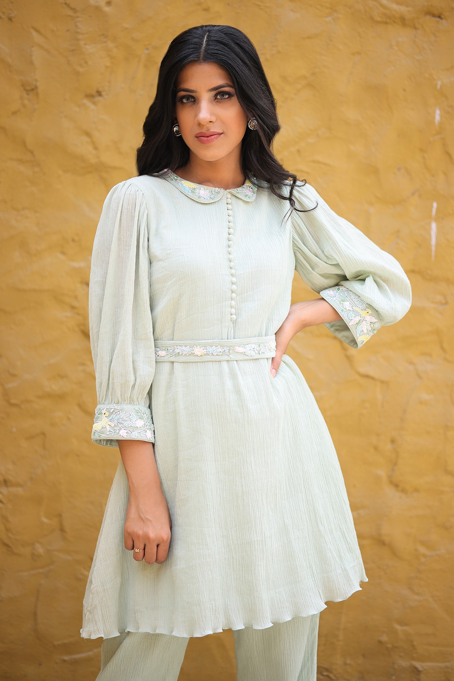 House Of Tushaom_Green Cotton Crinkled Embroidery Sequin Peter Pan Collar Mint Kurta And Set _Online_at_Aza_Fashions