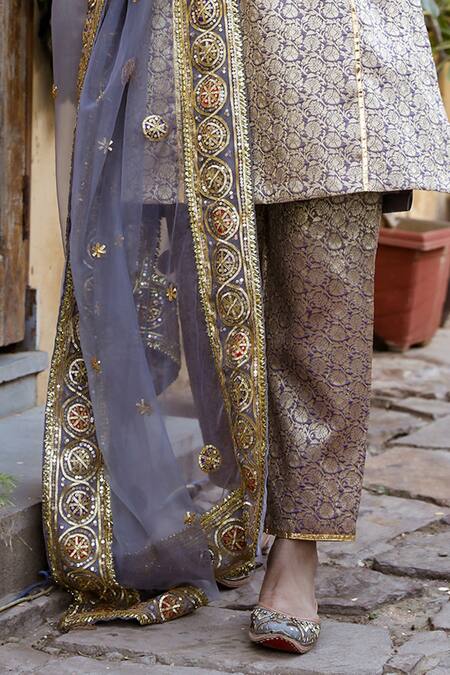 Gulabo Jaipur_Grey Brocade Dupatta Organza Round Abeer Woven Kurta Set _at_Aza_Fashions