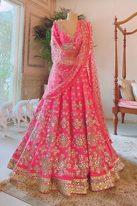 Abhinav Mishra Pink V Neck Mirror Embellished Bridal Lehenga Set 