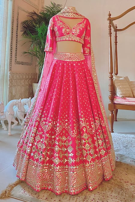 Abhinav Mishra Pink Leaf Neck Mirror Embellished Bridal Lehenga Set 