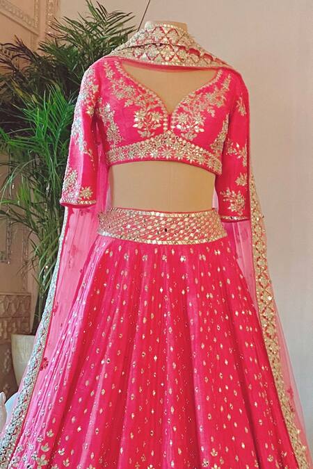 Shop Abhinav Mishra Pink Leaf Neck Mirror Embellished Bridal Lehenga Set at Aza Fashions Shop_Abhinav Mishra_Pink Leaf Neck Mirror Embellished Bridal Lehenga Set_at_Aza_Fashions