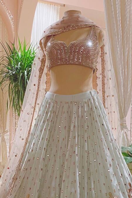 Shop_Abhinav Mishra_Blue Leaf Neck Mirror Embellished Bridal Lehenga Set _at_Aza_Fashions