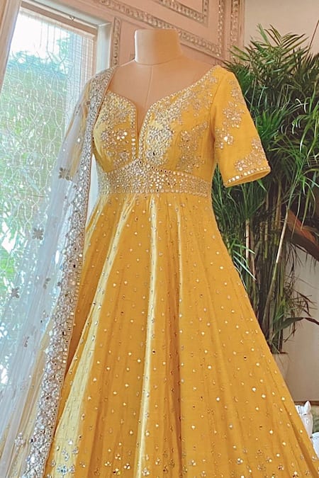 Shop Abhinav Mishra Yellow Leaf Neck Mirror Embellished Anarkali With Dupatta at Aza Fashions Shop_Abhinav Mishra_Yellow Leaf Neck Mirror Embellished Anarkali With Dupatta_at_Aza_Fashions
