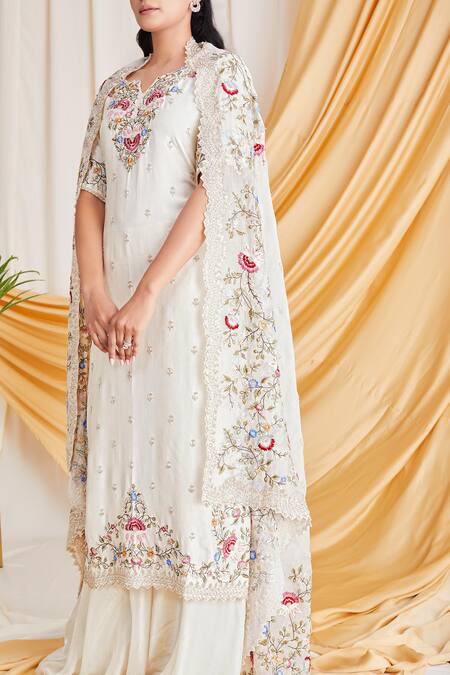 Stotram Beige Silk Embroidery Notched Kurta Set 5