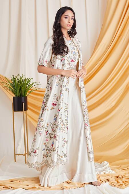 Stotram_Beige Silk Open Jacket Lehenga Set_Online_at_Aza_Fashions