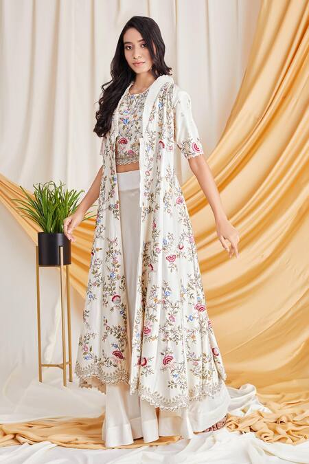 Buy_Stotram_Beige Silk Open Jacket Lehenga Set_Online_at_Aza_Fashions
