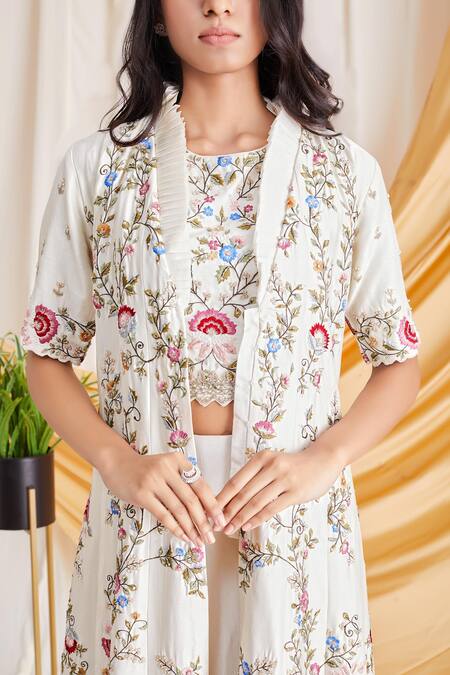 Shop_Stotram_Beige Silk Open Jacket Lehenga Set_Online_at_Aza_Fashions