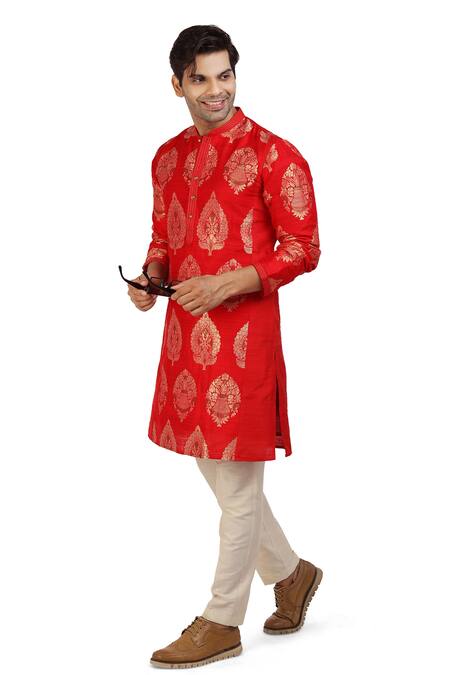 Shop_Nitesh Singh Chauhan_Red Raw , Pure Brocade Kurta And Pant Set _Online_at_Aza_Fashions