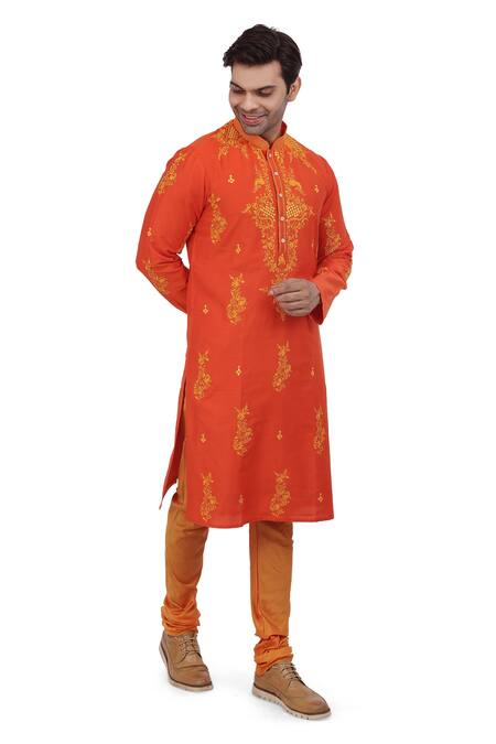 Nitesh Singh Chauhan_Orange Cotton Silk Floral Motifs Embroidered Kurta Set _Online_at_Aza_Fashions