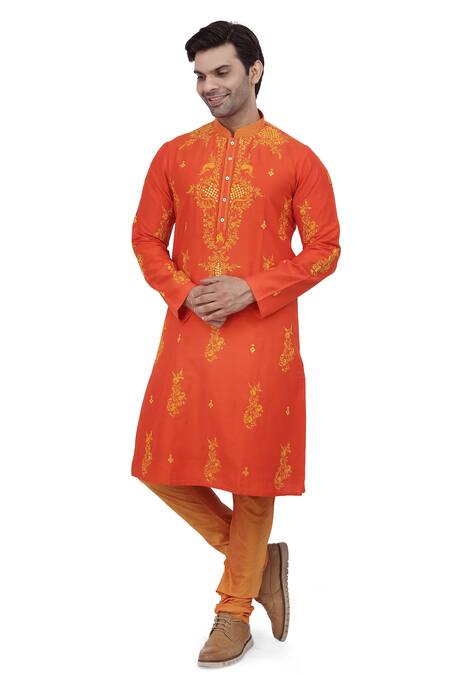 Buy_Nitesh Singh Chauhan_Orange Cotton Silk Floral Motifs Embroidered Kurta Set _Online_at_Aza_Fashions