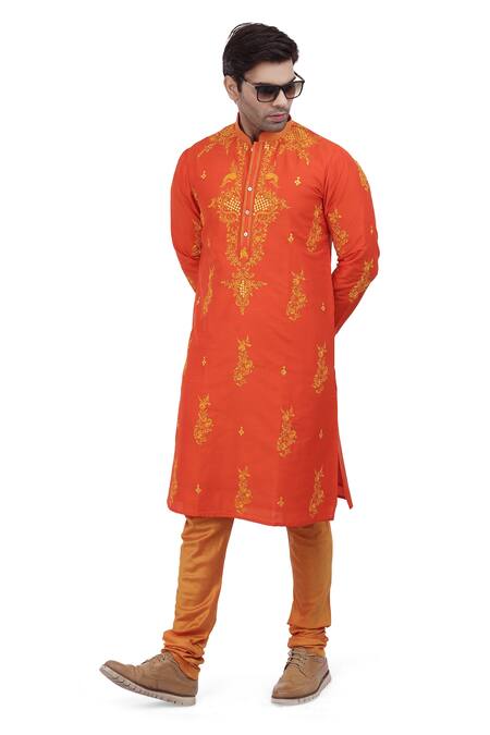 Shop_Nitesh Singh Chauhan_Orange Cotton Silk Floral Motifs Embroidered Kurta Set _Online_at_Aza_Fashions