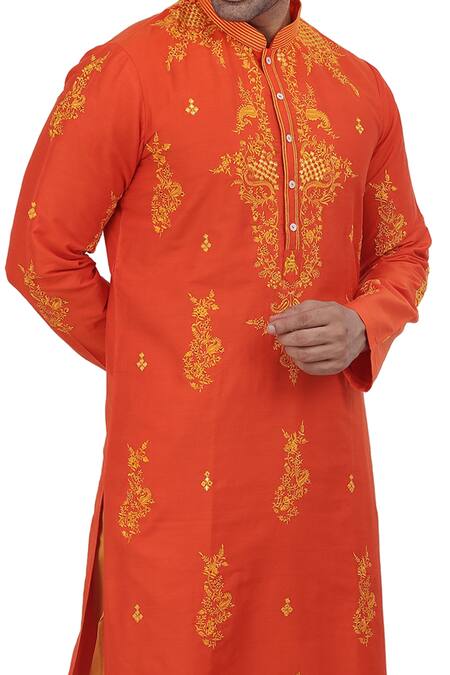 Nitesh Singh Chauhan_Orange Cotton Silk Floral Motifs Embroidered Kurta Set _at_Aza_Fashions