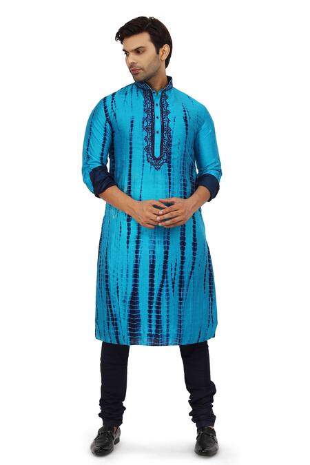 Shop_Nitesh Singh Chauhan_Blue Art Silk Tie And Dye Kurta Churidar Set _Online_at_Aza_Fashions