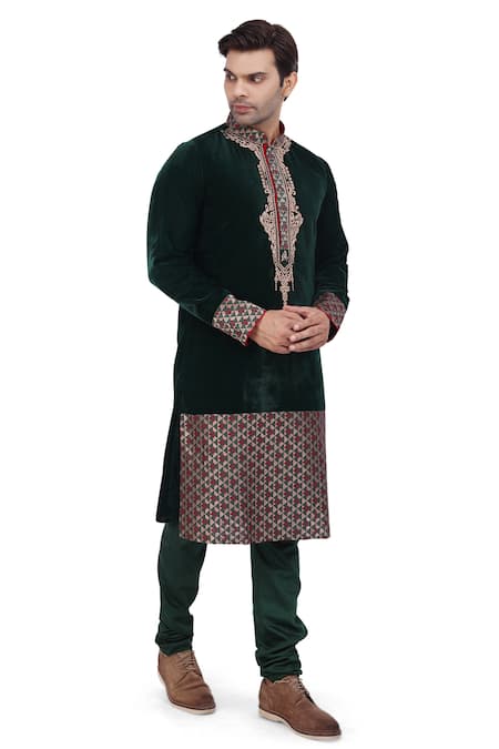 Nitesh Singh Chauhan_Green Velvet And Silk Brocade Zari Work Kurta Set _Online_at_Aza_Fashions