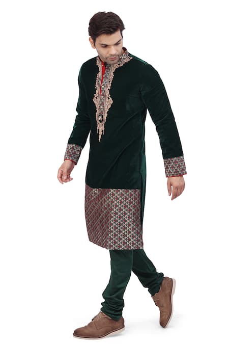 Buy_Nitesh Singh Chauhan_Green Velvet And Silk Brocade Zari Work Kurta Set _Online_at_Aza_Fashions