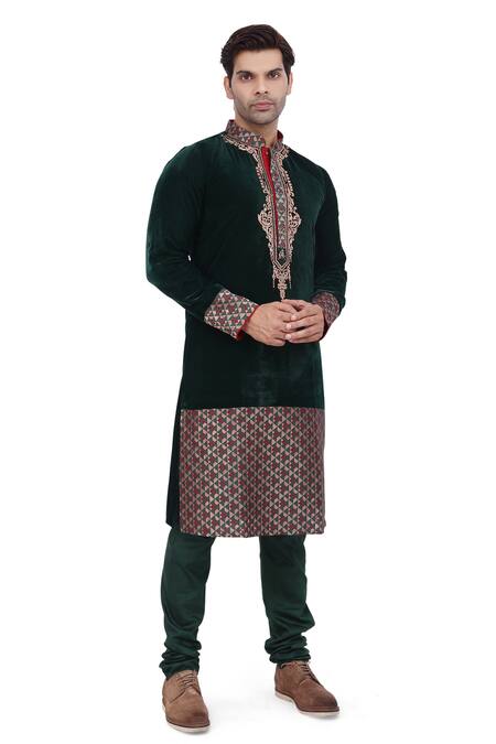 Shop_Nitesh Singh Chauhan_Green Velvet And Silk Brocade Zari Work Kurta Set _Online_at_Aza_Fashions