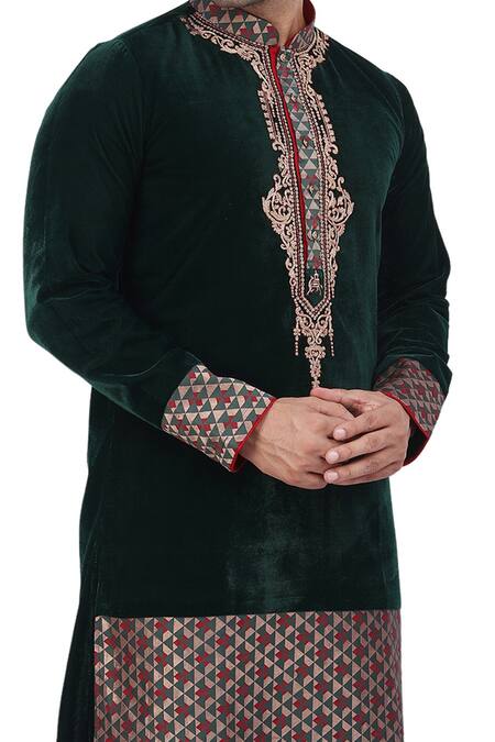 Nitesh Singh Chauhan_Green Velvet And Silk Brocade Zari Work Kurta Set _at_Aza_Fashions
