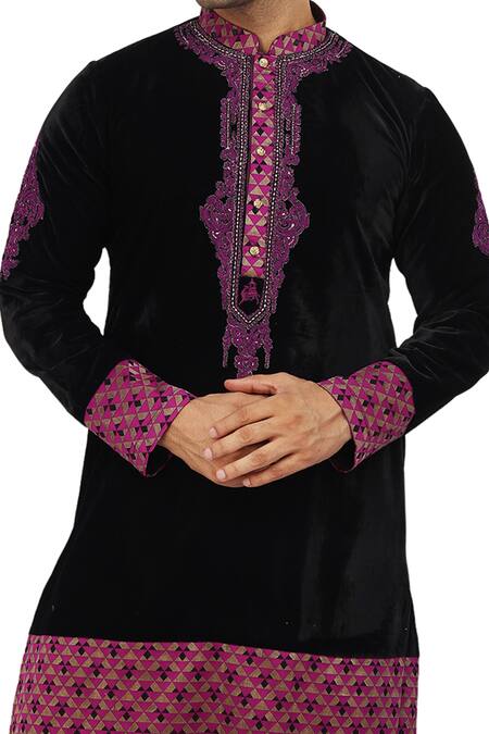 Nitesh Singh Chauhan_Black Velvet And Silk Brocade Dori Work Embroidered Kurta Set _at_Aza_Fashions