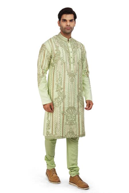 Nitesh Singh Chauhan_Green Cotton Silk Rajasthani Gota Patti Embroidered Kurta Set _Online_at_Aza_Fashions