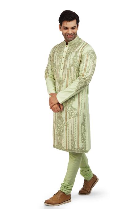 Buy_Nitesh Singh Chauhan_Green Cotton Silk Rajasthani Gota Patti Embroidered Kurta Set _Online_at_Aza_Fashions