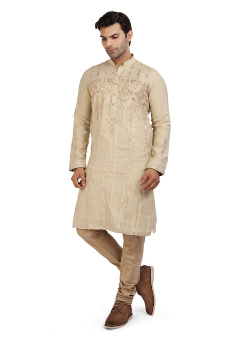 Nitesh Singh Chauhan_Beige Cotton Silk Rajasthani Gota Patti Kurta Set _Online_at_Aza_Fashions