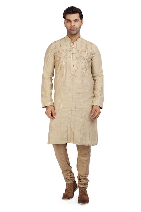 Buy_Nitesh Singh Chauhan_Beige Cotton Silk Rajasthani Gota Patti Kurta Set _Online_at_Aza_Fashions