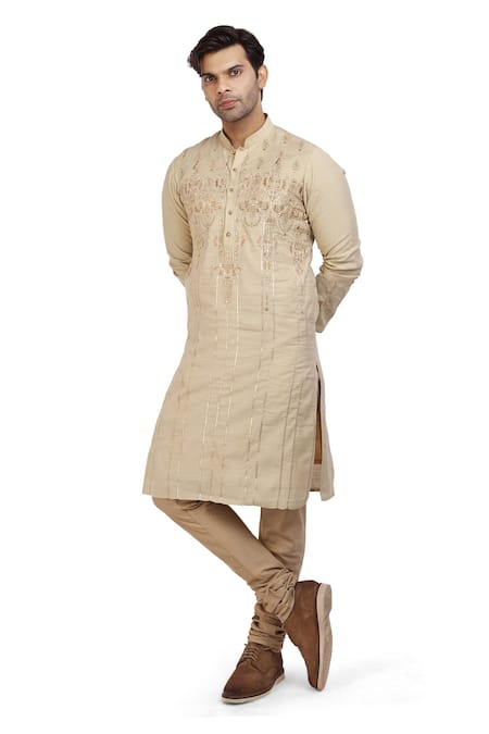 Shop_Nitesh Singh Chauhan_Beige Cotton Silk Rajasthani Gota Patti Kurta Set _Online_at_Aza_Fashions