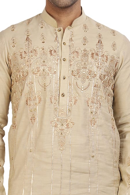 Nitesh Singh Chauhan_Beige Cotton Silk Rajasthani Gota Patti Kurta Set _at_Aza_Fashions