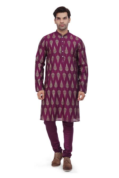 Buy_Nitesh Singh Chauhan_Purple Chanderi Art Silk Hand Printed Foil Kurta Set _Online_at_Aza_Fashions