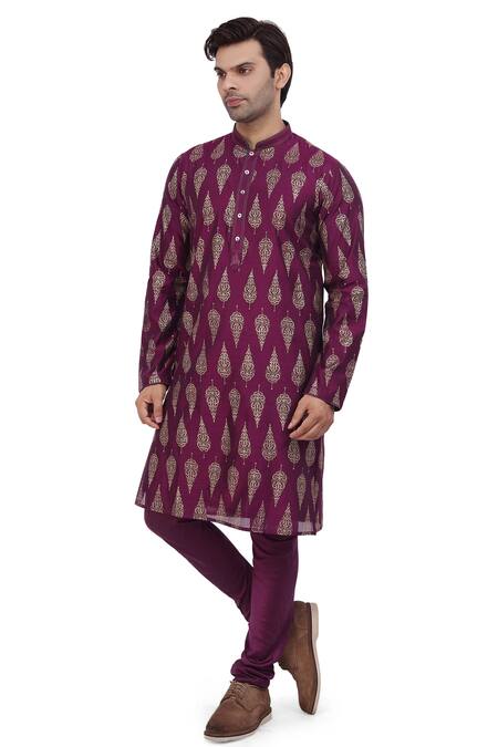 Shop_Nitesh Singh Chauhan_Purple Chanderi Art Silk Hand Printed Foil Kurta Set _Online_at_Aza_Fashions