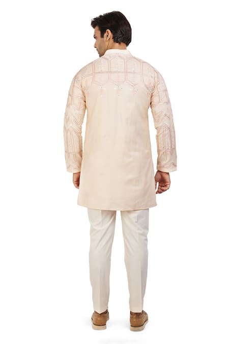 Nitesh Singh Chauhan_Peach Cotton Silk Rajasthani Embroidery Kurta Set _Online_at_Aza_Fashions