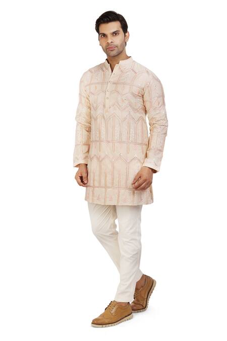 Buy_Nitesh Singh Chauhan_Peach Cotton Silk Rajasthani Embroidery Kurta Set _Online_at_Aza_Fashions