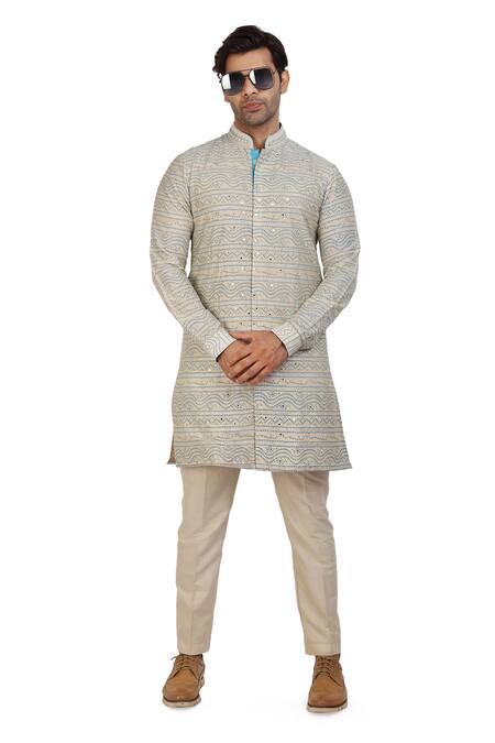 Buy_Nitesh Singh Chauhan_Blue Cotton Silk Bandhani Prints Kurta Pyjama Set _Online_at_Aza_Fashions