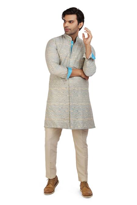 Shop_Nitesh Singh Chauhan_Blue Cotton Silk Bandhani Prints Kurta Pyjama Set _Online_at_Aza_Fashions