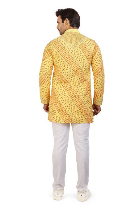 Nitesh Singh Chauhan_Yellow Cotton Silk Bandhani Prints Kurta Pyjama Set _Online_at_Aza_Fashions