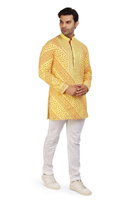 Buy_Nitesh Singh Chauhan_Yellow Cotton Silk Bandhani Prints Kurta Pyjama Set _Online_at_Aza_Fashions