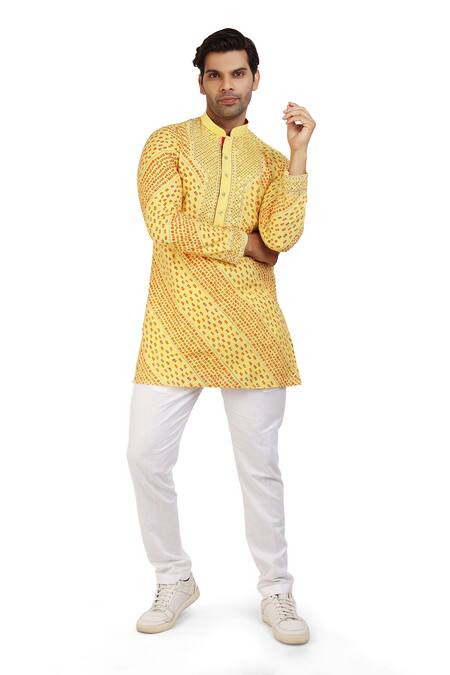 Shop_Nitesh Singh Chauhan_Yellow Cotton Silk Bandhani Prints Kurta Pyjama Set _Online_at_Aza_Fashions