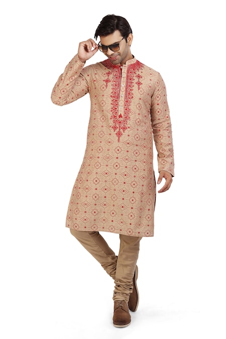 Shop_Nitesh Singh Chauhan_Beige Cotton Silk Bandhani Prints Kurta Set _Online_at_Aza_Fashions